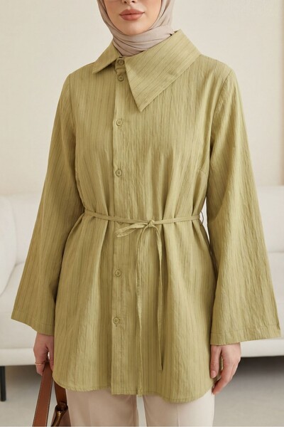Modamorfo Side collar, buttoned, striped, laced, crinkle shirt - oil green