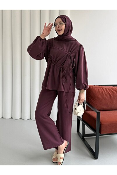 Modaensarbutik Tüneli Bağcık Detaylı Tesettür Takım-MÜRDÜM