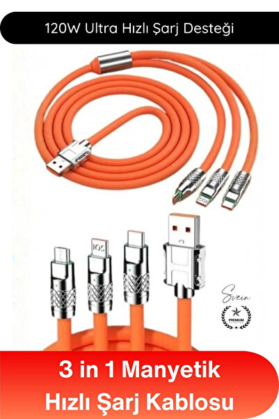 Svein #ŞarjKablosu 3in1 Manyetik Hızlı Şarj Kablosu 120W Type C Lightning Mic...