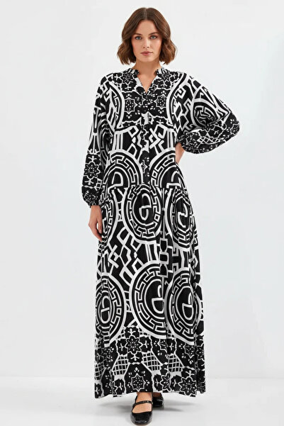 buğrahayalin Women's V-Neck Gathered Waist Authentic Patterned Viscose Black ...