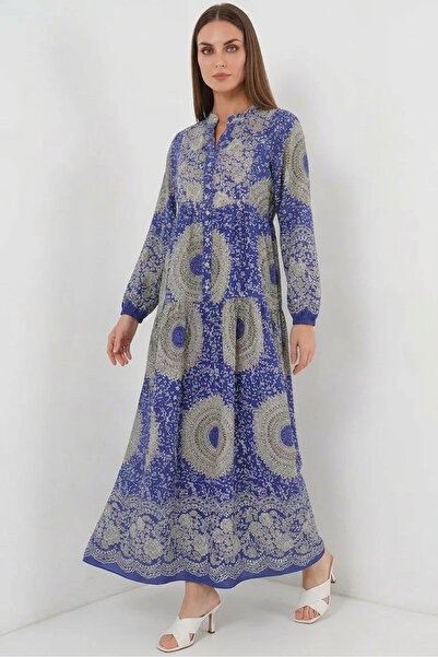 buğrahayalin Women's Hakim Collar, Gathered Waist, Authentic Patterned Viscos...