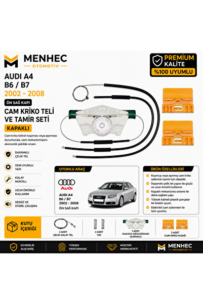 Menhec Otomotiv Audi A4 B6 B7 2002-2008 Ön Sağ Cam Kriko Teli ve Tamir Seti K...