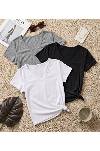 BUWOM 3 Pieces of Plain Regular Fit (V-Neck) Women's T-Shirts