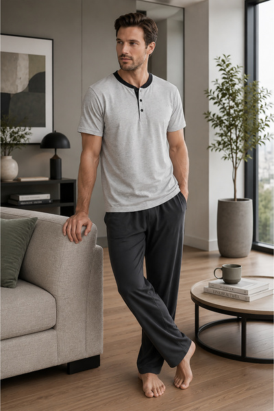 Bravie Men's Buttoned Collar Solid Color Short Sleeve Slim Pajama Set Gray