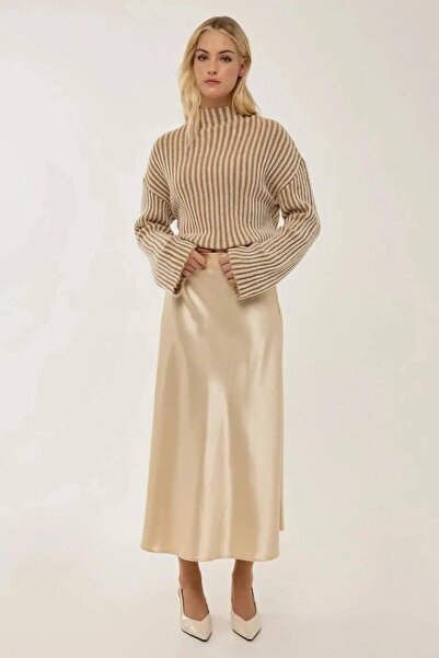 UTDU Flat Satin Skirt with Elastic Waist and Hidden Zipper on the Side