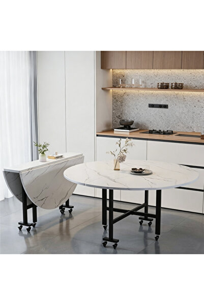 GoldenLike 100CM Foldable Mobile Marble Round Table – Small Space Friendly