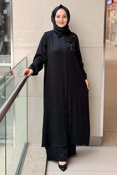 Nurcan Çetin Long Shirt and Trousers Set with Sequin and Bead Embroidery on t...