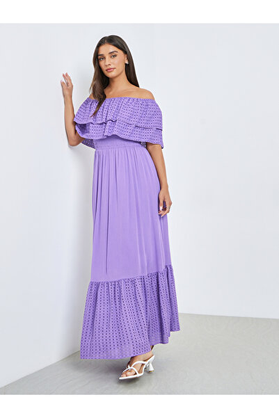 Styli Purple Cotton Schiffli Off-Shoulder Maxi Dress