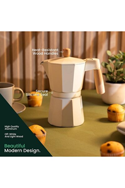 OEM Cafetieră Moka, 6 cești, aluminiu, mâner din lemn, 19.8x8.8cm, crem