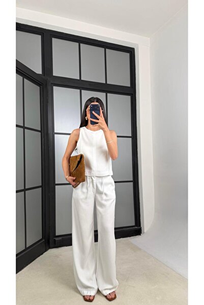 GAUS CO White Zippered Blouse Belted Waist Pants Double Denim Set Gaus-01379 ...