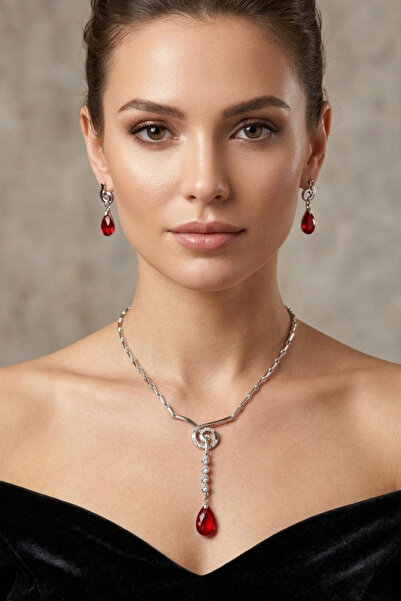 PETEK AKSESUAR Silver Metal Crystal Drop Stone Necklace Earring Set