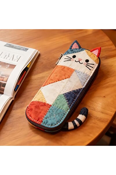 Choice A1 Japanese Style Patchwork Pencil Case, Color Block & Cartoon Cat Des...