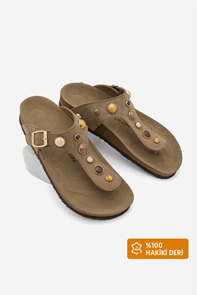 Marjin Women's Genuine Leather Eva Sole Stone Flip-Flops Casual Slippers Elvi...