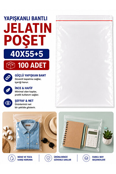 Eliz Party Yapışkanlı Bantlı Jelatin Poşet 40x55+5 cm 100 Adet Şeffaf Ambalaj...