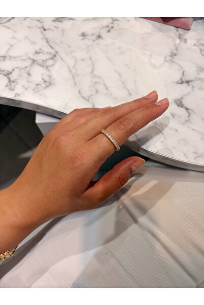 nurjewelry Gold Rengi İnce Taşlı Çelik Yüzük