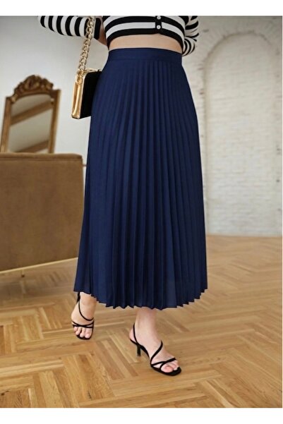 Bahar Altundemir Women's Crepe Fabric Lined Pleated Long Navy Blue Skirt