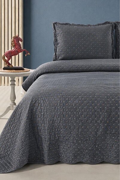 Çeyiz Diyarı Serelina Luxury Embroidered Velvet Double Bedspread Dark Gray