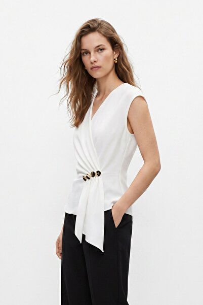 Rays White Double-Breasted Collar Zero Sleeve Button Detail Blouse 2854
