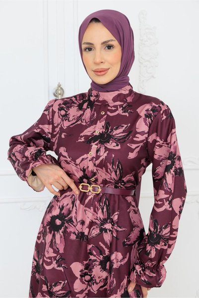 ELBİSHE فستان مزين بالزهور مع حزام مفصل وتفاصيل مطرزة، مناسب لجميع المواسم
