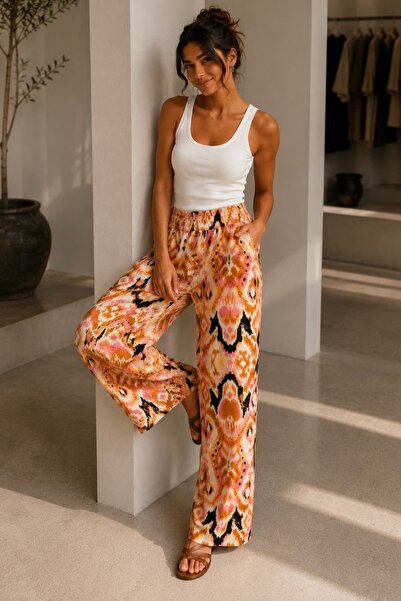bb butik basic Patterned Wide-Leg Viscose Trousers Casual Stylish Women's Tro...