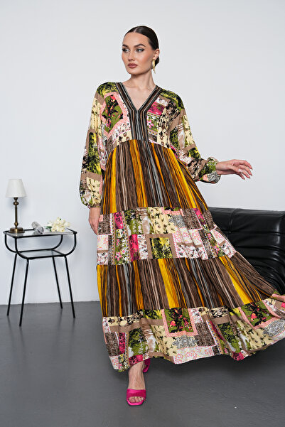 NAVY Full Length Patchwork Long Sleeve Dress