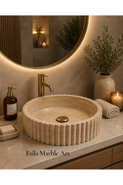 ESİLA MARBLE Yuvarlak Traverten Çanak Lavabo Çizgili Desenli Doğal Taş Tezgah...