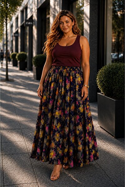 CALERA Plus Size Patterned Non-Exposing Long Skirt, Sizes 46-60, Elastic Wais...