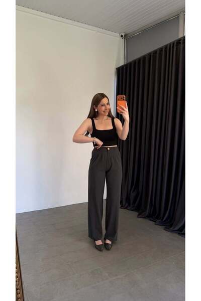 elif teke Palazzo Gold Buttoned Trousers Anthracite