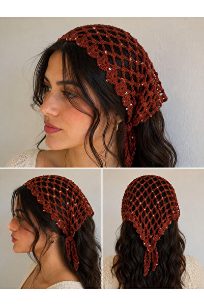 lunera Tarçın Rengi Pullu El Örgüsü Bandana %100 Pamuk Işıltılı Bohem Saç Ban...