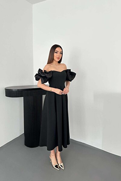 Caddebostan Moda Women's Madon Collar Balloon Sleeve Pleated Atlas Evening Dress