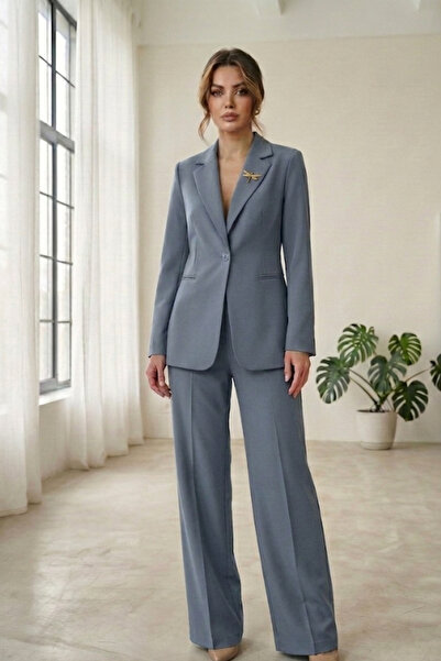 diaves Gray Women's Accessory Lined Single Button Blazer Jacket & Fabric Trou...