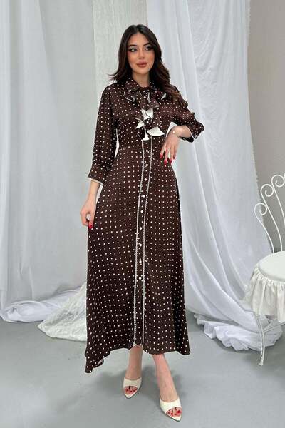 Caddebostan Moda Women's Long Dress with Front Pockets and Polka Dot Collar a...