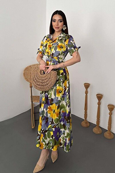 Caddebostan Moda Floral Patterned Belted Shirt Collar Long Dress