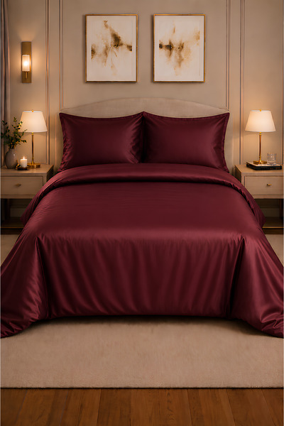 remtex 100% Cotton Burgundy Satin Double Duvet Cover Set – Luxurious Shiny Te...