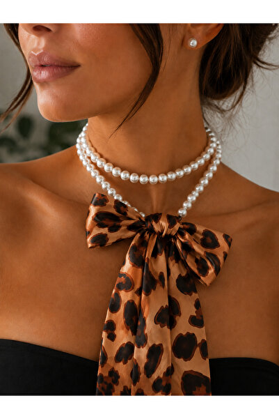 Takıtolia Luvien Leopard Scarf Pearl Chain Multi-Purpose Design Necklace - Ba...