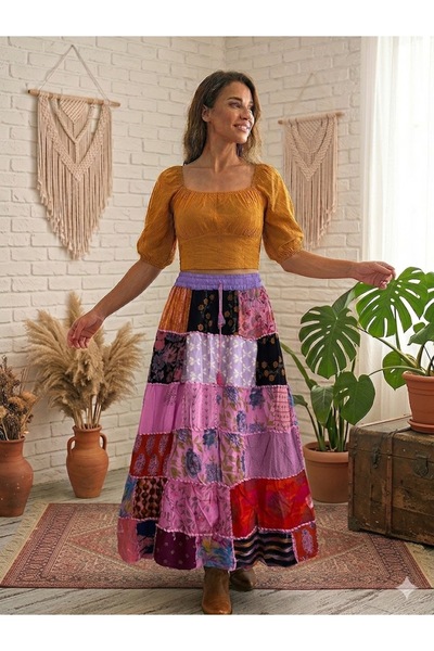 AYASOFYA OTANTIK Fusta lungă de damă, Nepal, cu model etnic liliac, patchwork...