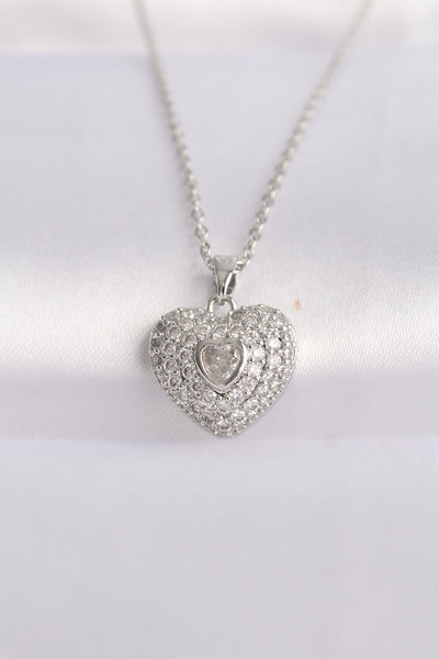 ETC 316L Steel Chain Silver Color Zircon Stone Heart Necklace 5886 - Miyng791...