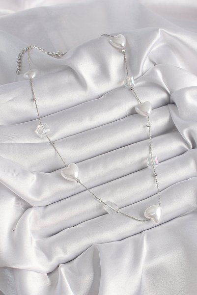 NO BRAND Brass Silver Color White Pearl Heart Model Women's Necklace 5886