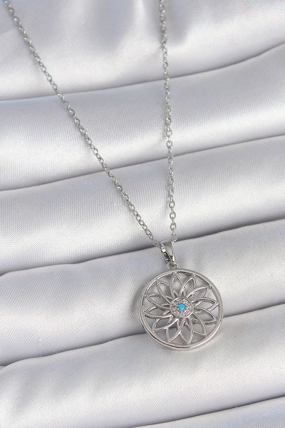 ETC 316L Steel Silver Color Chain Blue Stone Lotus Model Women's Necklace 588...