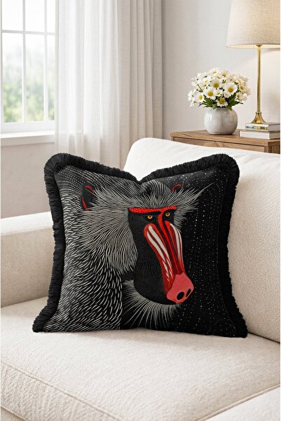 IdeCraft Mandril Monkey Patterned Fringed Throw Pillow Cover - Ethnic Pillowc...