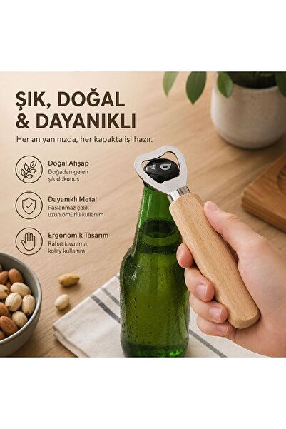 KEA Premium Ahşap Şişe Açacağı – Dayanıklı Metal Kapak Açacağı