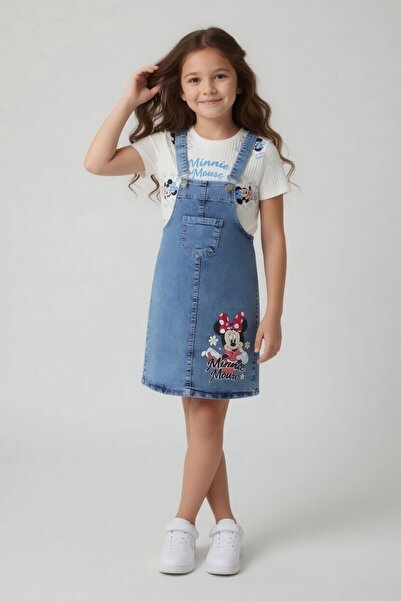 Cansın Mini Ecru Floral Minnie Patterned Badili Jean Salopet Girl's Suit 24091