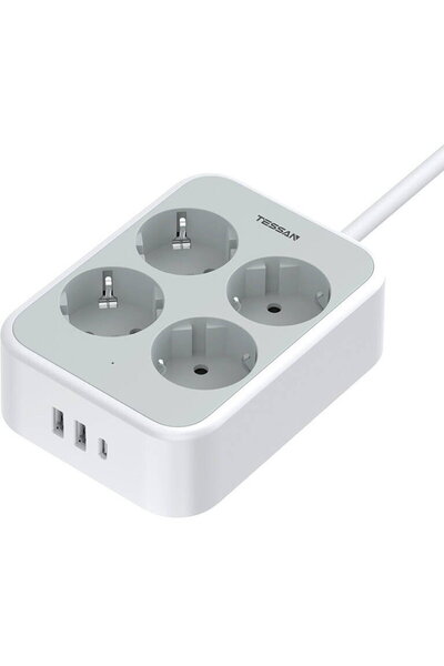 TESSAN TS-PS01DE Prelungitor, 4 prize, 2 x USB-A, 1 x USB-C, Încărcare rapidă...
