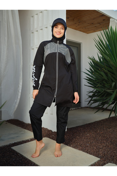 ALFASA Sports Sleeve Printed Full Covered Hijab Swimsuit 26238-26 - Black