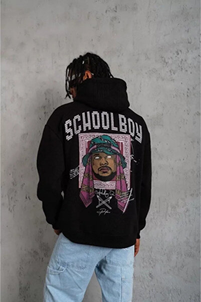 Generic Brand سويت شيرت رجالي بغطاء للرأس مطبوع عليه SCHOOL BOY - أسود