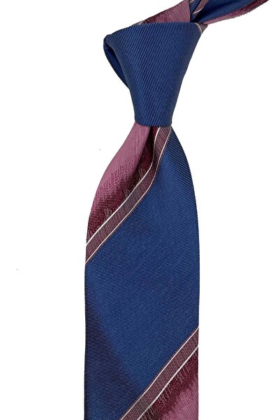 Kravatkolik Blue Dusty Rose Stripe Silk Tie İk2414