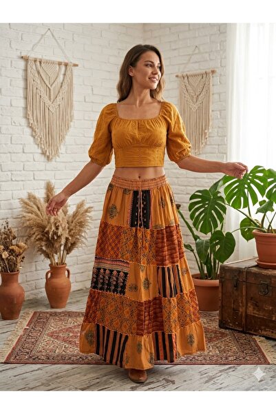 AYASOFYA OTANTIK Women's Nepali Ethnic Pattern Patchwork Long Skirt with Elas...