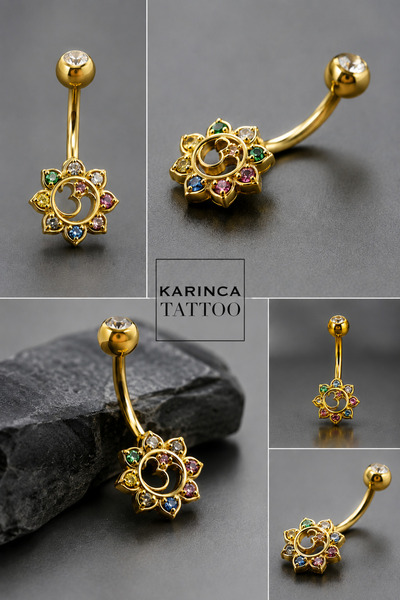 Karınca Piercing Om Yoga Zirkon Taşlı Göbek Piercingi Renkli Chakra Namaste