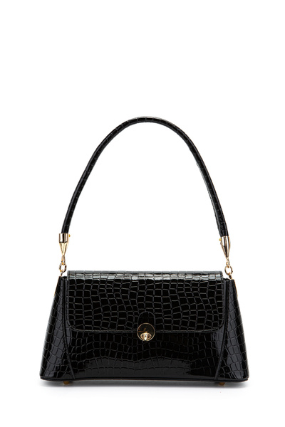 minebag Clamshell Lock Detailed Baguette Women's Shoulder Bag Oslo Black Croco
