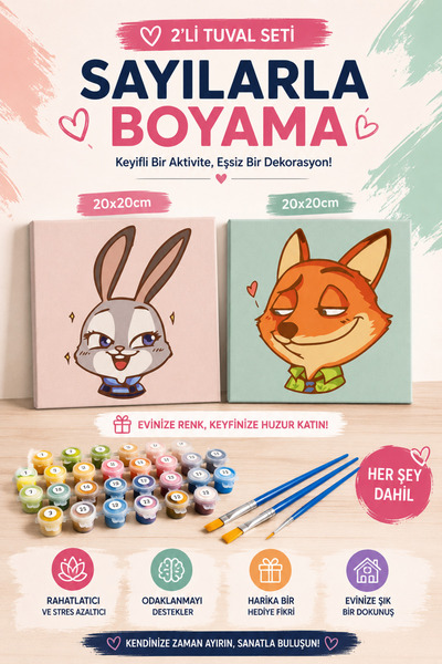 Corvo Sayılarla Boyama 20x20 Cm Tuval Seti 2 ADET TUVAL Fırça Boya Dahil Çıta...